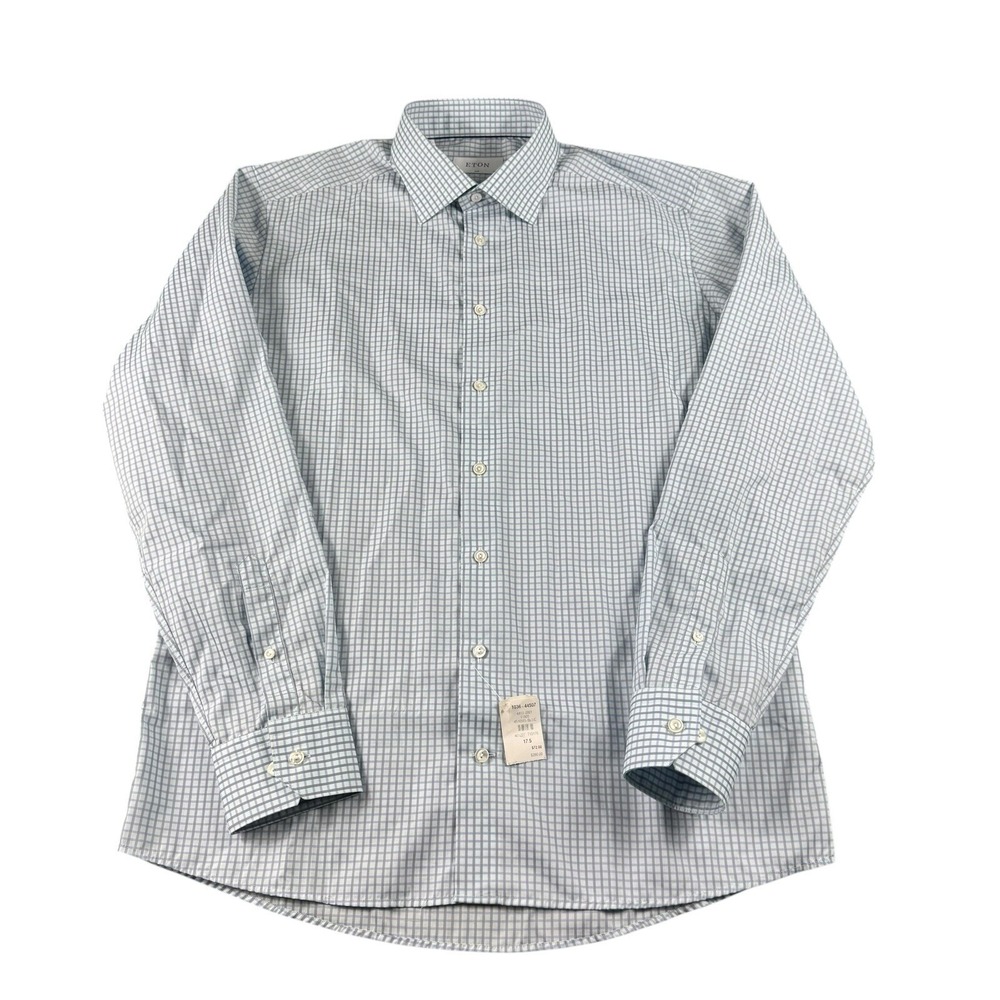 ETON Blue Gray Checked Cotton Slim Fit Mens L/S Button Front Size 17.5/44 NWT